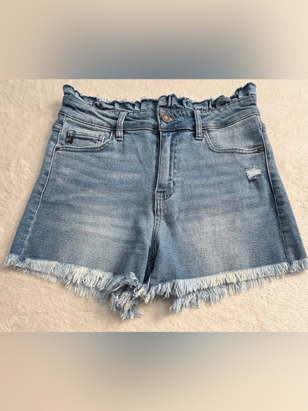KanCan High Rise Ruffled Paperbag Waist Frayed Denim Shorts